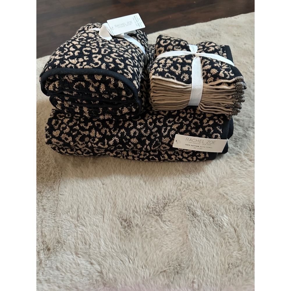 Rachel Zoe Leopard Print Towel Set 100% Cotton Black Tan Animal Print 8 Piece - Picture 3 of 5